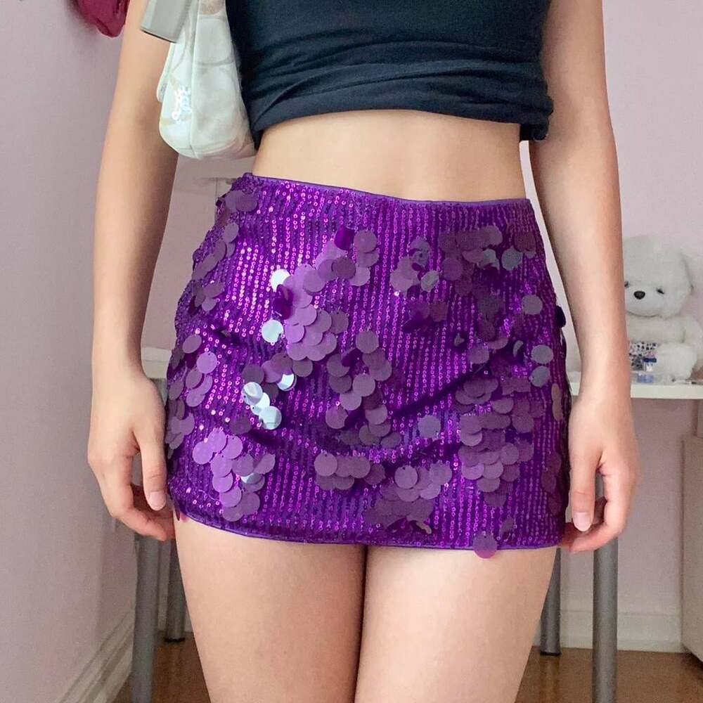 y2k purple sequin mini skirt